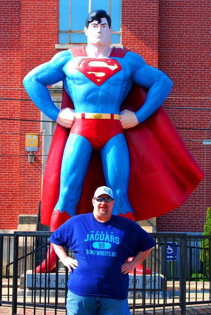 Sumoflam and the 12 foot tall bronze Superman in Metropolis (not fiberglass, but a neighbor to Big John)