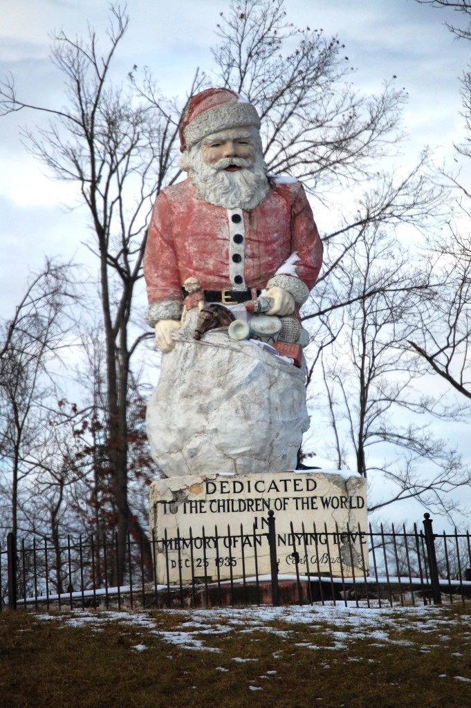 Santa Claus stands 12 feet tall on a hill in Santa Claus, IN.  