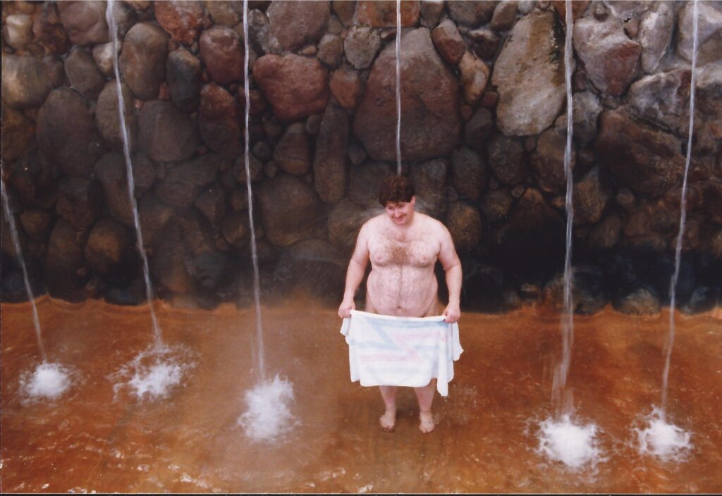 A hot spring shower in Beppu...and yes, the towel was necessary.  1990