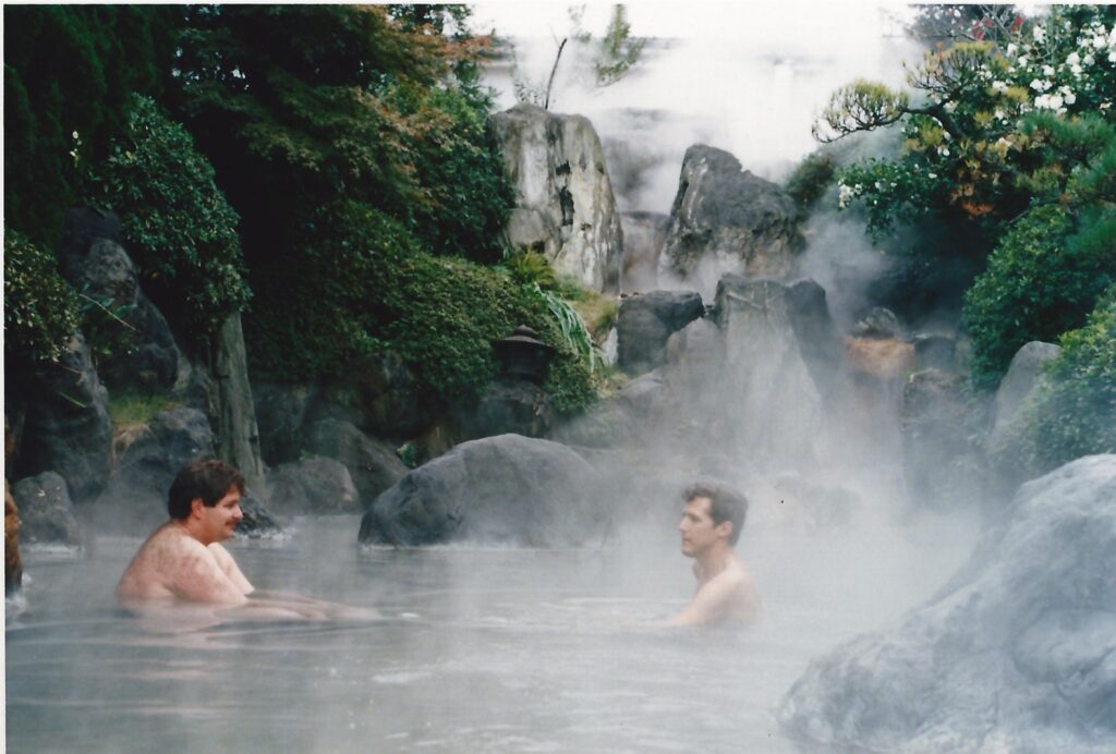 Relaxing on one of the cozy hot pools in Beppu in 1987.  You are required to be totally disrobed...this is the least revealing photo.
