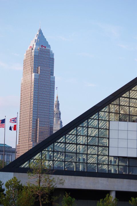 Rock and Roll Museum (foreground) with Cleveland skyscrapers