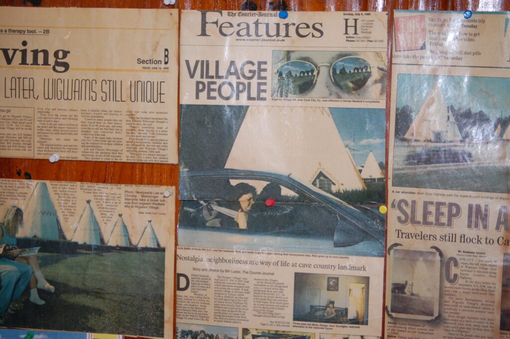 Newspapers about the Wigwam Village on the walls