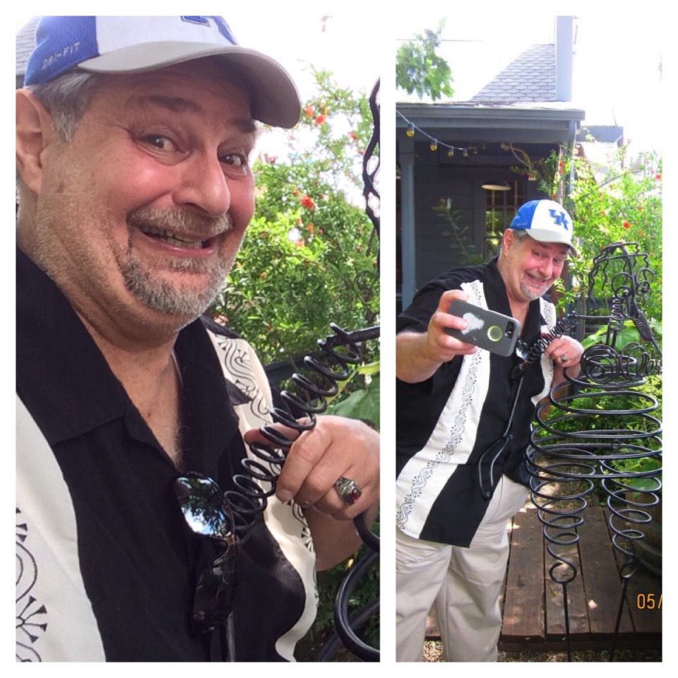 Taking a selfie with the "springy lady" in the courtyard area of the Blue Wing Saloon in Upper Lake, CA