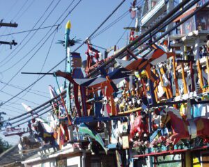 A menagerie of oddball and offbeat things all over the roof, side of the house and the yard - Hamtramck Disneyland