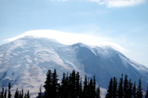 a Cloud cap forms on Mt. Rainier.