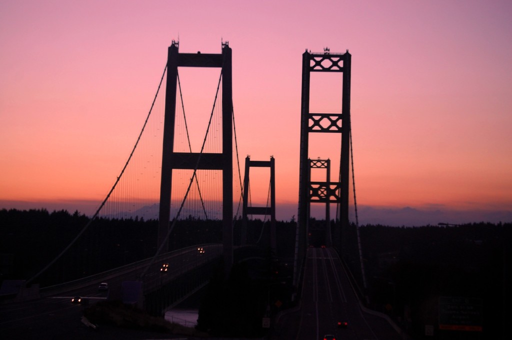 Tacoma Narrows Bridge at sunset