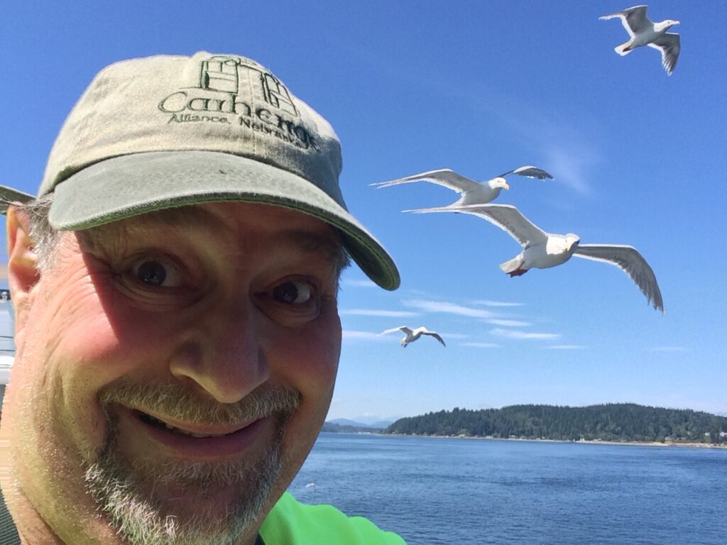 A flock of seagulls on the deck of the Hyak