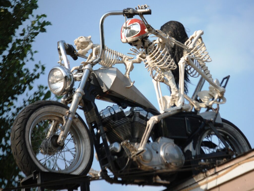 Closeup of the Biker Skeleton at Bethel Saloon