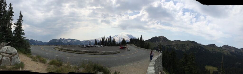 Panorama of Tipsoo Lake Parking Area near Naches Peak Trail