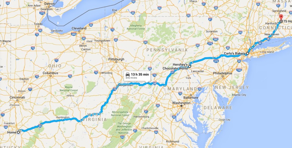 Our Route to Connecticut from Lexington (via Hershey World and Carlos Bake Shop)