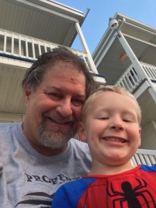 Outside the Normandie Inn with grandson Rockwell