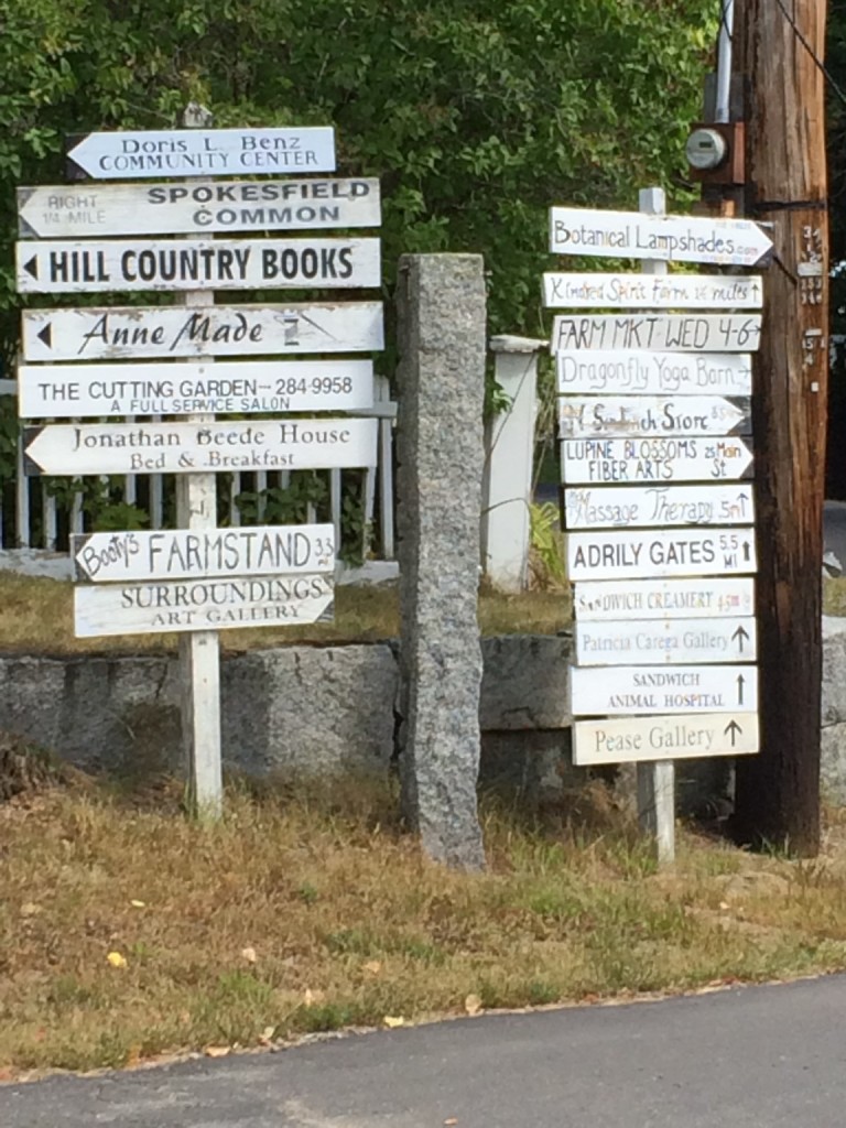 Signposts in Sandwich, NH. No restaurants!