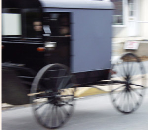 An Amish Buggie speeds by in Intercourse