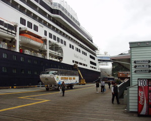 Our Cruise Ship "Amsterdam" towers over the small town of Ketchikan, Alaska in 2004