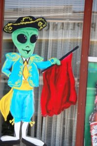 Alien Matador greets guests at El Toro Bravo Mexican Restaurant in Roswell, NM