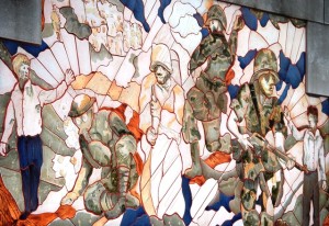 A portion of one of a series of ceramic murals on the Clay County Public Services Building in Independence, MO