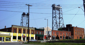 Welland, Ontario with large Canal Lift Bridge towering over the town