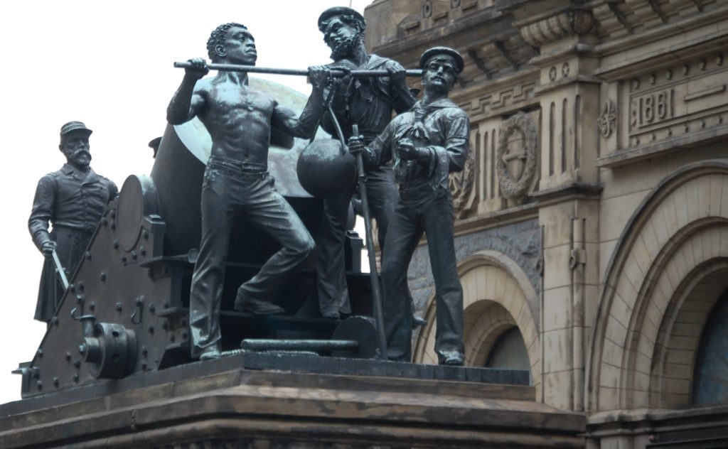 "Mortar Practice" represents the Navy Group. In this sculpture, an officer and five men are loading a mortar, preparing to fire upon enemy entrenchments. 