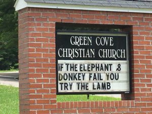 Unique sign posting on a church in Green Cove -- it is election season 2016