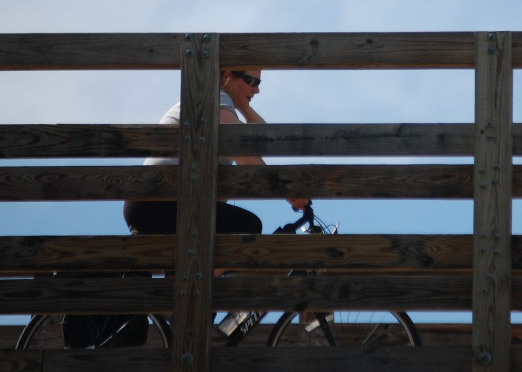 Julianne crosses over the road on a trestle bridge near Riceville, KY